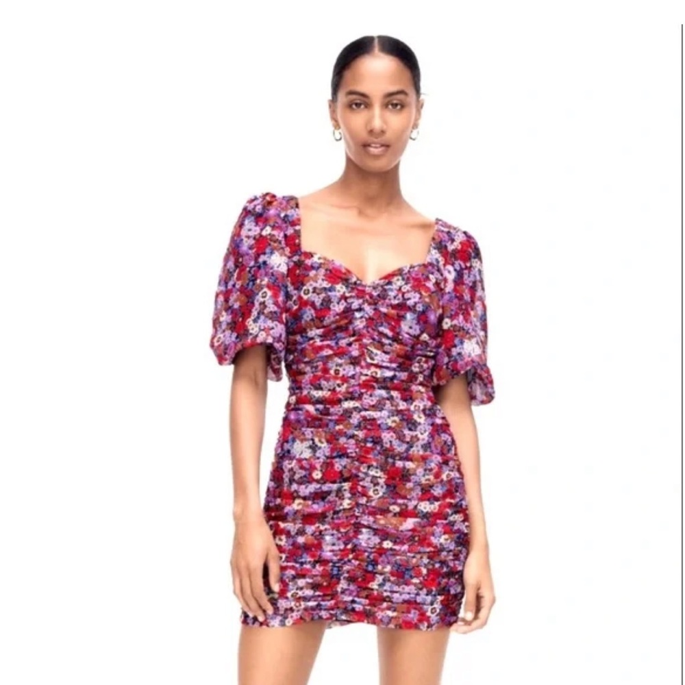 ZARA Floral Ruched Puff Sleeve Mini Dress Size S NWT